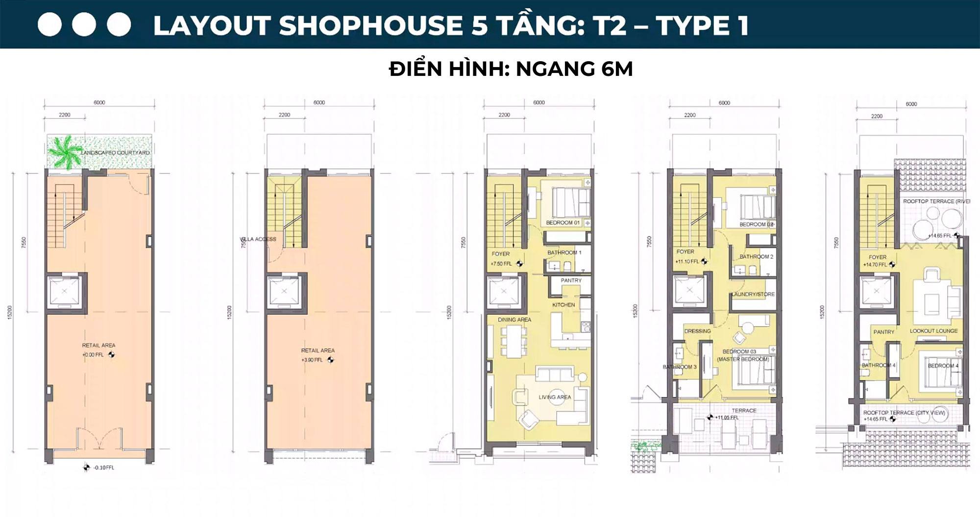 Layout Shophouse 5 tầng T2