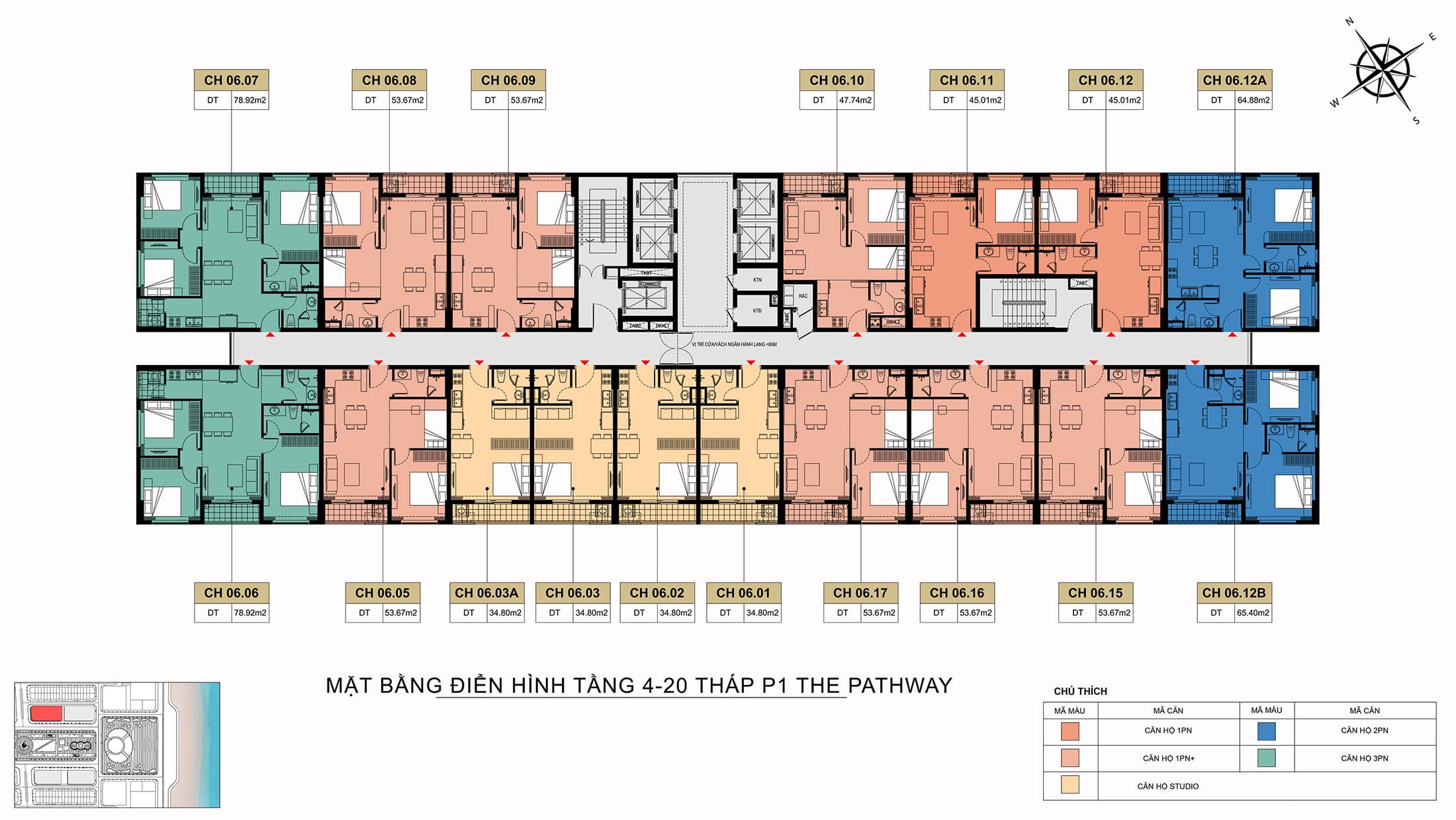 Mặt bằng điển hình tầng 4 đến tầng 20 tháp P1 The Pathway
