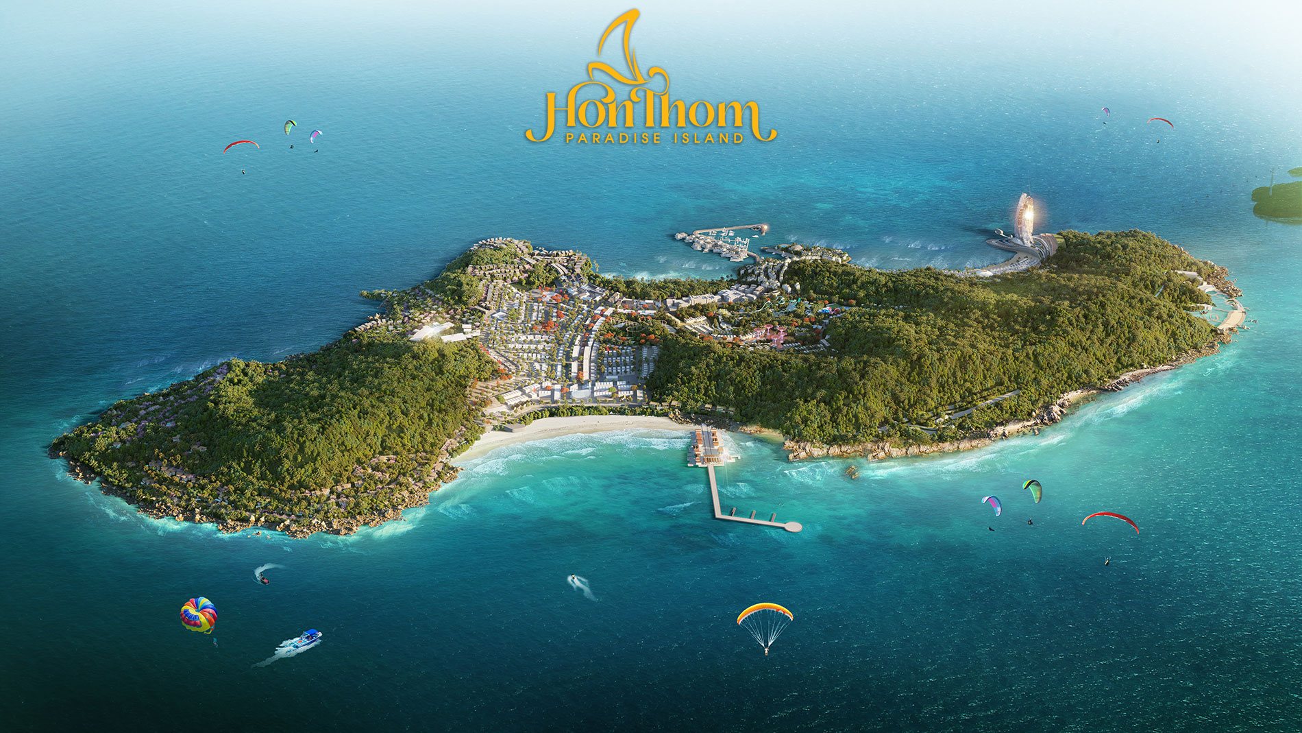 Phối cảnh tổng thể siêu tổ hợp đảo thiên đường Hòn Thơm Paradise Island