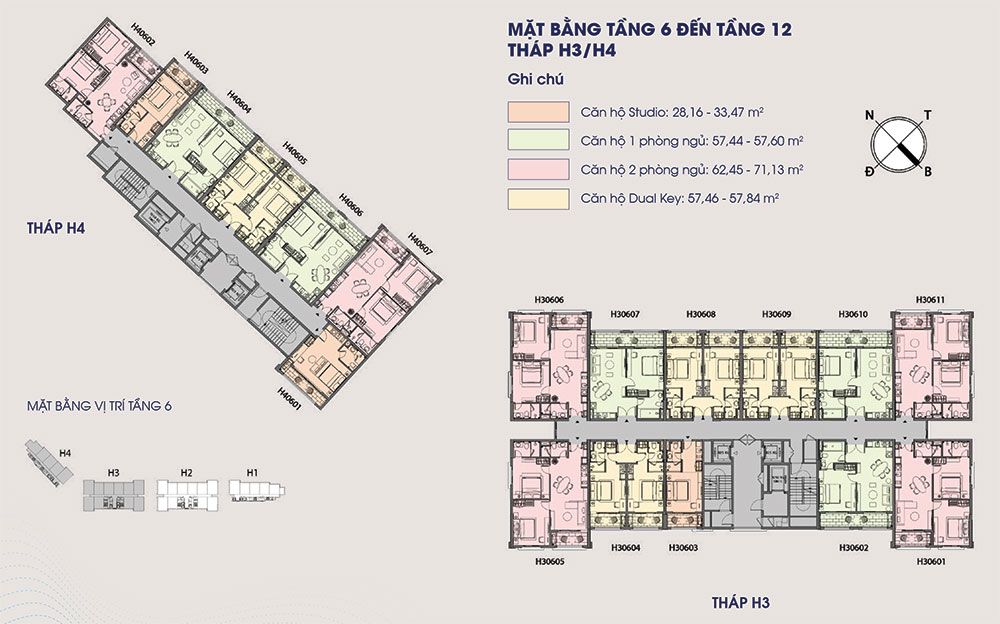 Mặt bằng tầng 6-12 tháp H3 H4